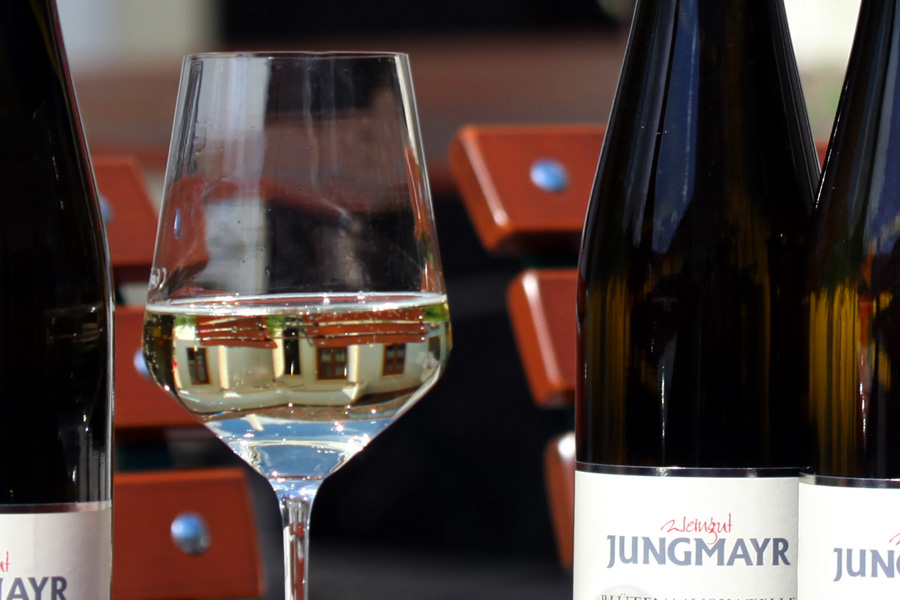 Der Innenhof des Weingutes Jungmayr durchs Glas gesehen